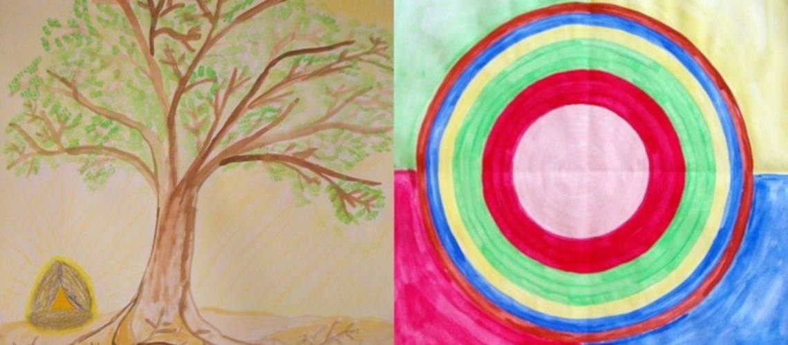 zwei gemalte Bilder aus der Maltherapie: Ein Baum mit einem Schatz darunter und ein Kreis